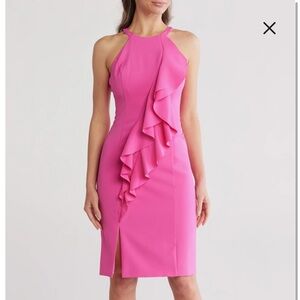 NWT Vince Camuto Laguna Dress Crepe Halter Bodycon Ruffle Women’s 14 Hot Pink